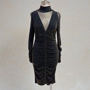 Venus Women's Shimmer Black /Gold Long Sleeve Ruched Party Cocktail Dress Size M